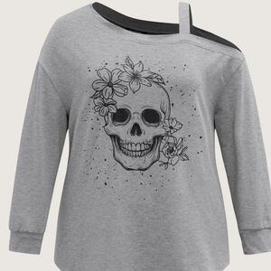 Bloomchic Cold Shoulder Gray Skull Graphic Women's Sweatshirt